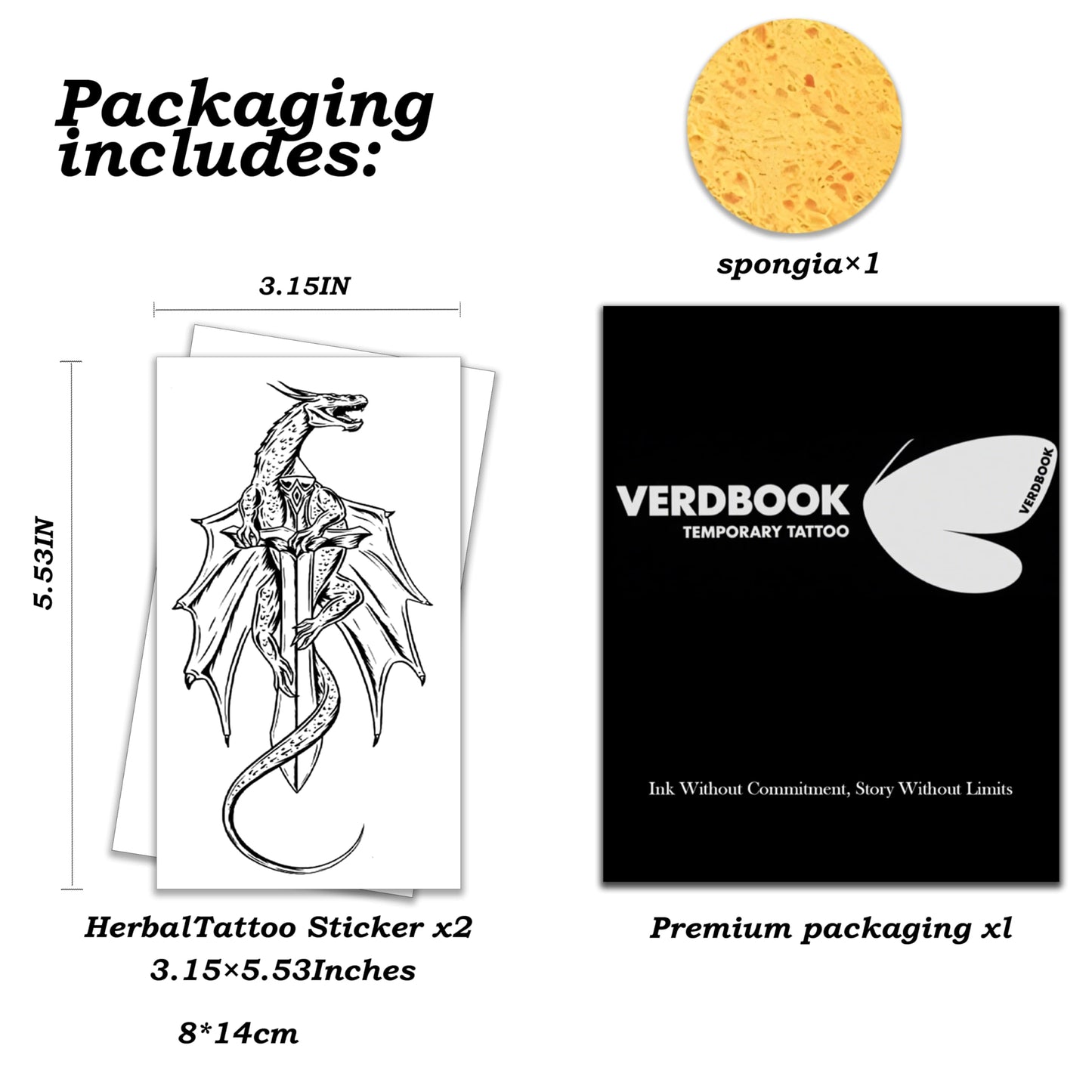 VERDBOOK Semi Permanent Dragon & Sword Pattern Tattoos Women, 2 Sheets