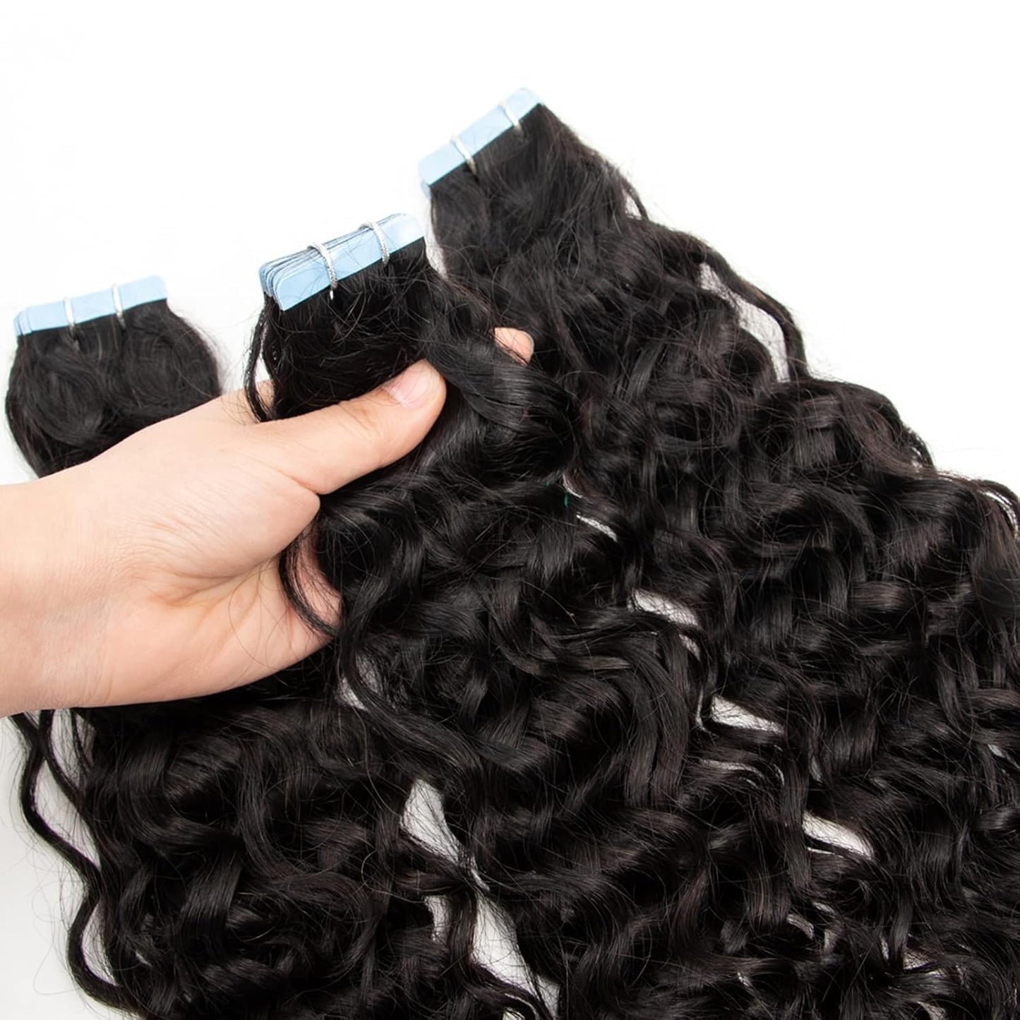 Curly Tape in Hair Extensions,14inch Natural Black Water Wave Real Human Hair Tape in Extensions 20pcs 50g Black Wavy Tape on Hair Extensions for Black Women
