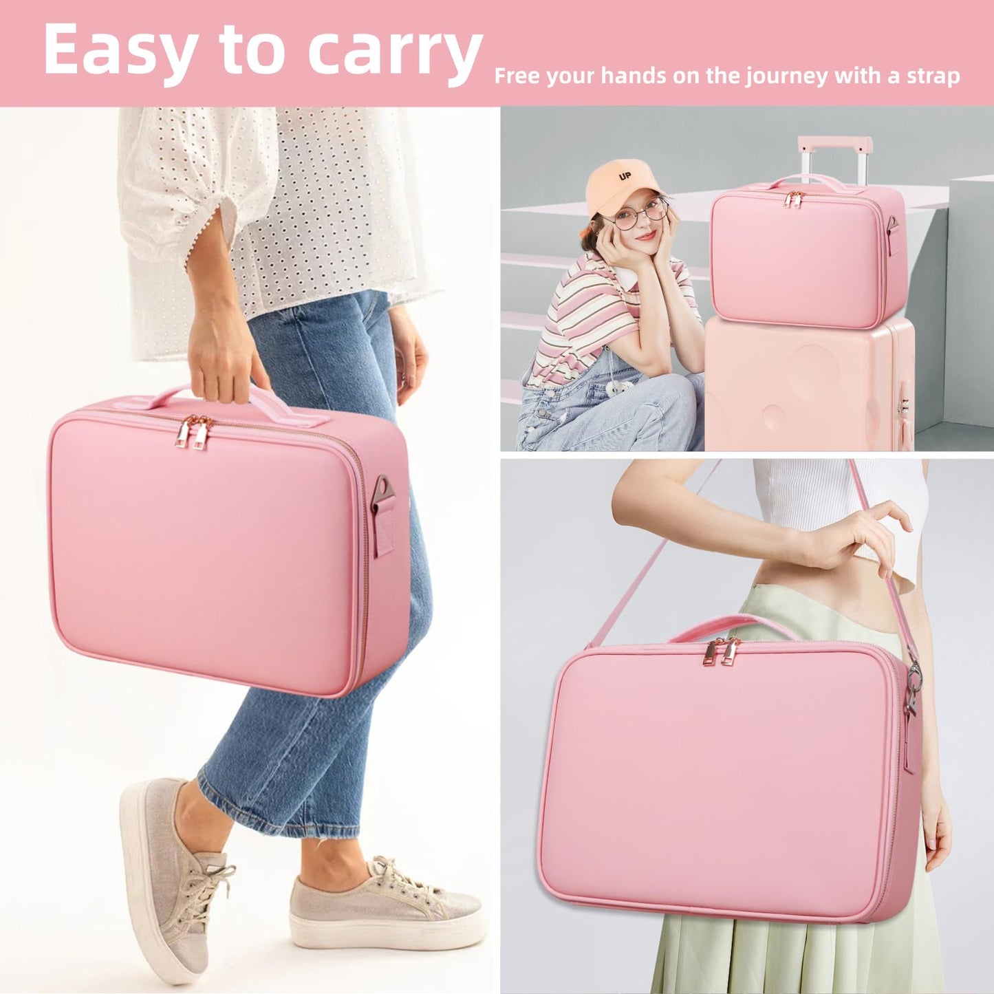 saiggnyy 15"×11" Large Pink Makeup Bag with Mirror, Personal Item Travel Bag with Makeup Mirror 3 Lights, Waterproof Train Case with Mirror and Adjustable Dividers,Professional Lighted Makeup Case