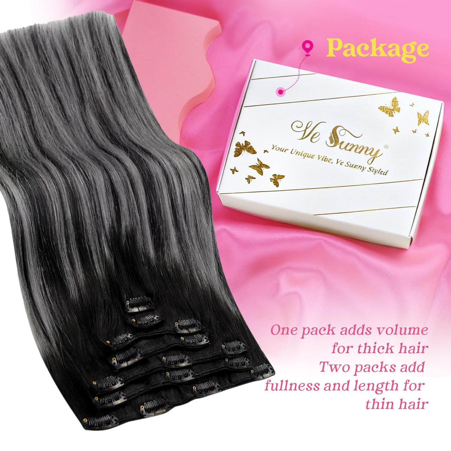 Ve Sunny Clip in Human Hair Extensions Black Grey Clip in Hair Extensions Human Hair Off Black to Silver Grey Balayage Clip on Hair Extensions Short Hair 70g 5pcs 12inch, 2.4692 Ounce