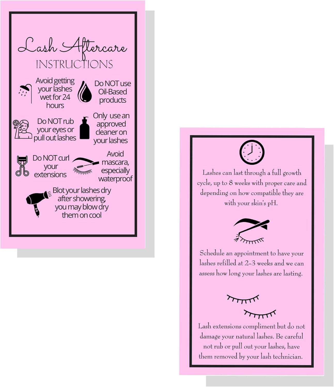 Lash Extension Aftercare Instructions Cards - Double-Sided 2x3.5" | 250 Pack in Bubblegum Pink with Visuals