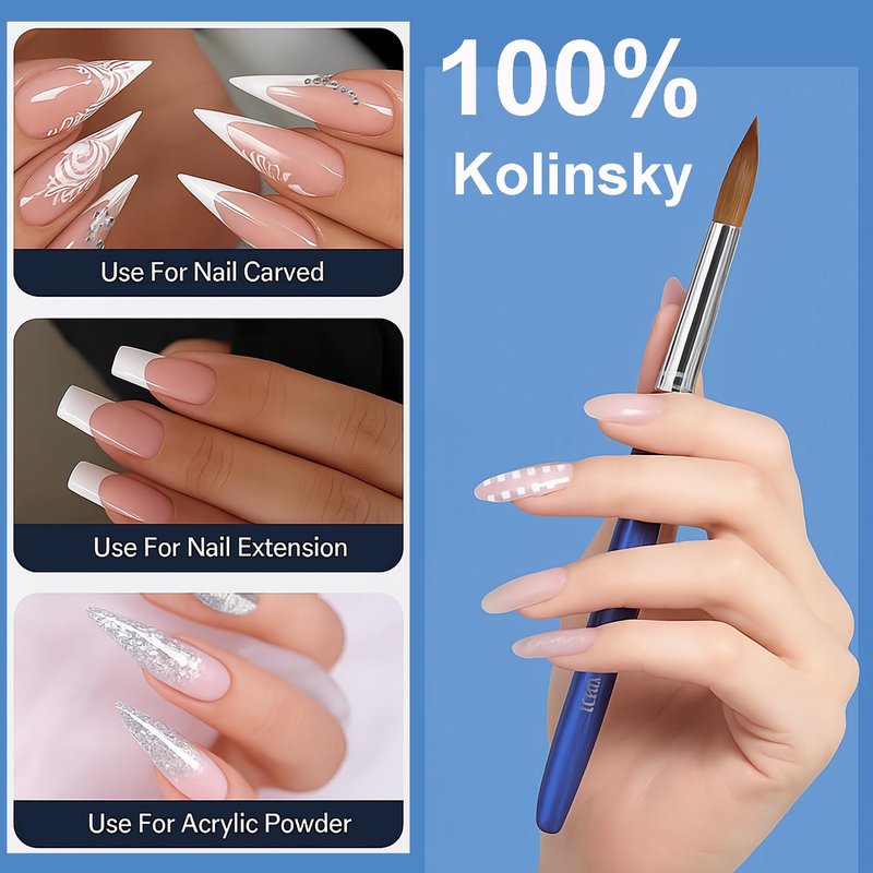 Kolinsky Hair Acrylic Nail Art Brushes - Oval Crimped Tip for Precision Nail Design | Gradient Blue Metal Handle, Size #16