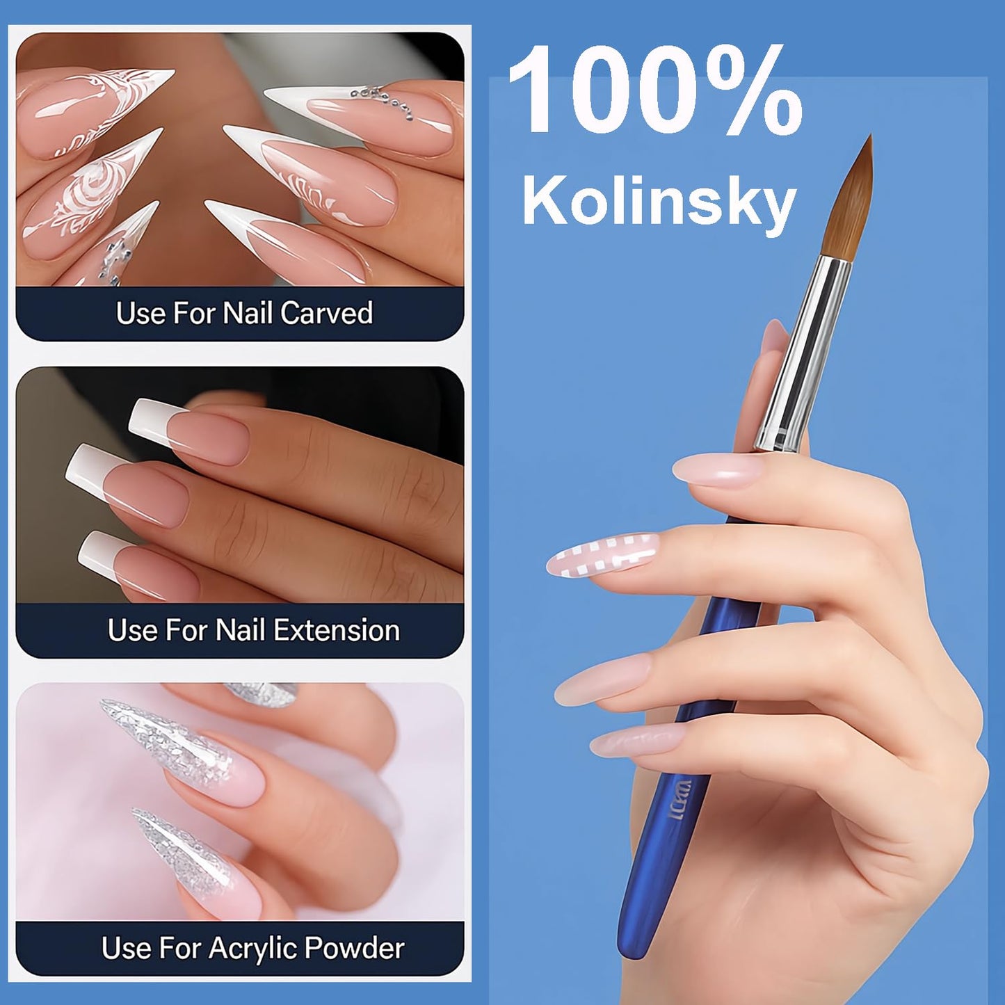 100% Pure Kolinsky Hair Acrylic Nail Art Brushes – Oval Crimped Tip for Acrylic Powder, Gradient Blue Metal Handle, Professional Nail Art Brush for Salon & DIY(#14)