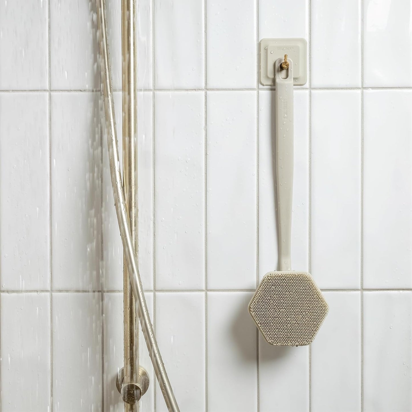 Arnold Silicone Shower Hooks - Waterproof Adhesive Bathroom Organizer for Razors & Loofahs | 2 Pack - Sand