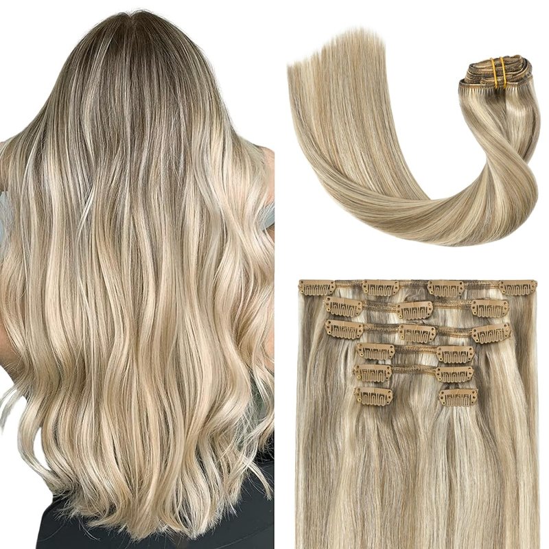UGOTRAYS Clip in Hair Extensions Real Human Hair - 15 inch 70g Ash Blonde Mixed Bleach Blonde Straight 7pcs Double Weft - 100% Remy Human Hair Extensions #18p613 15inches