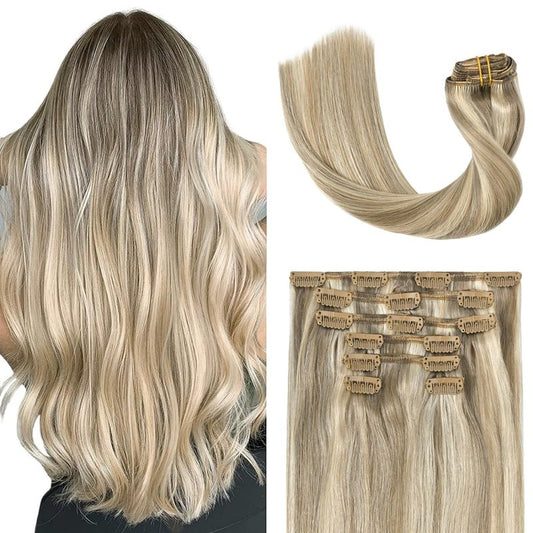 UGOTRAYS Clip in Hair Extensions Real Human Hair - 15 inch 70g Ash Blonde Mixed Bleach Blonde Straight 7pcs Double Weft - 100% Remy Human Hair Extensions #18p613 15inches