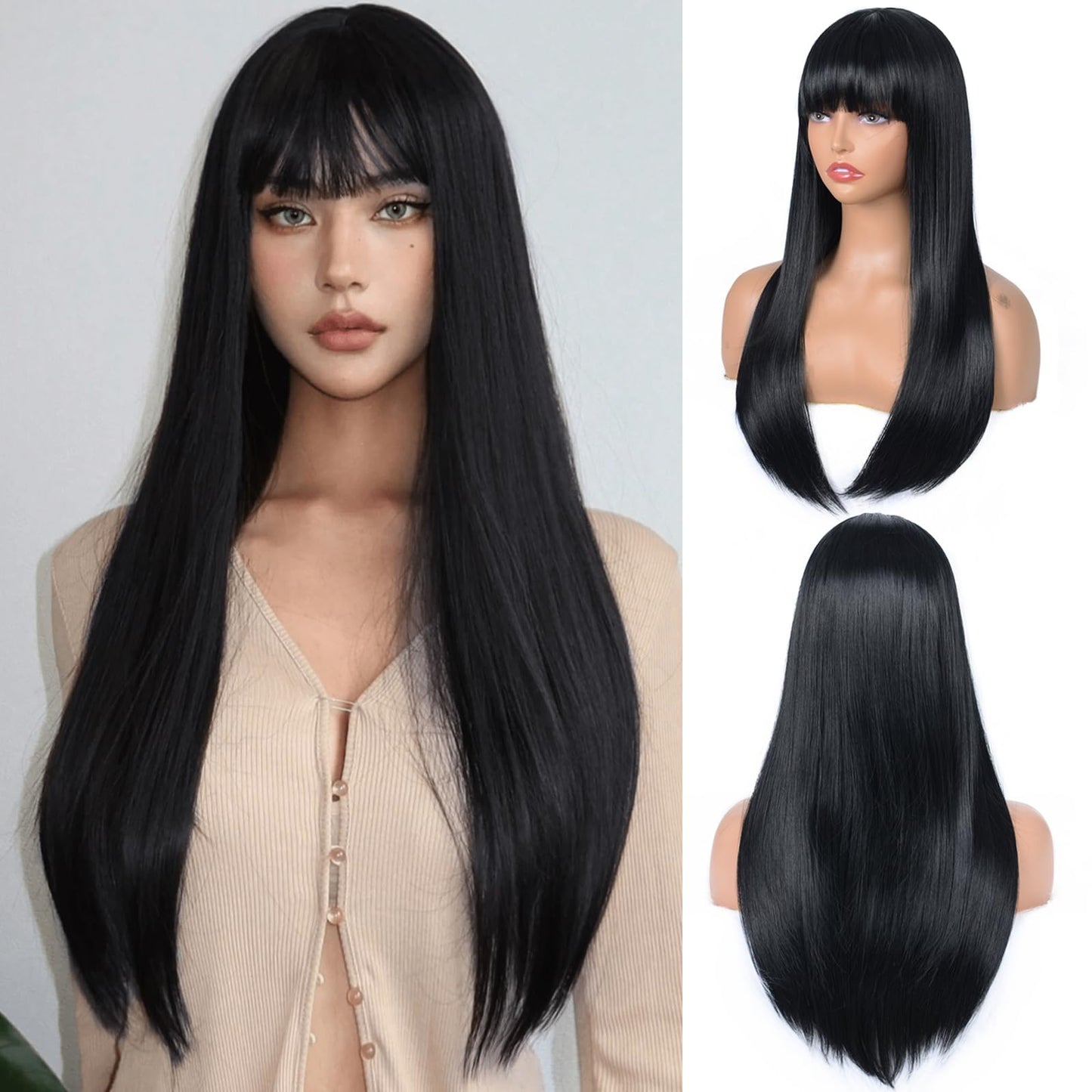 Aida ble Black Wig with Bangs Long Straight Black Wigs for Women Heat Resistant Synthetic Wig for Girls Daily Use Party Halloween Cosplay Wig 24inch