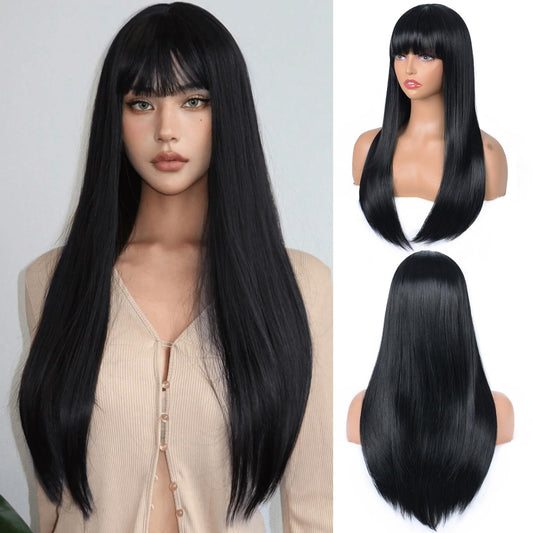 Aida ble Black Wig with Bangs Long Straight Black Wigs for Women Heat Resistant Synthetic Wig for Girls Daily Use Party Halloween Cosplay Wig 24inch