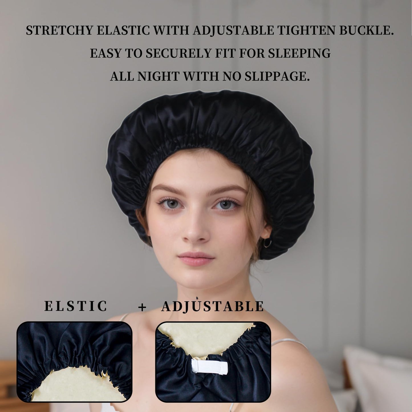100% Mulberry Silk Bonnet for Sleeping Women Long Hair -Double Layer Sleep Cap -Silk Sleep Bonnet with Elastic Stay On Head (Black, Large)