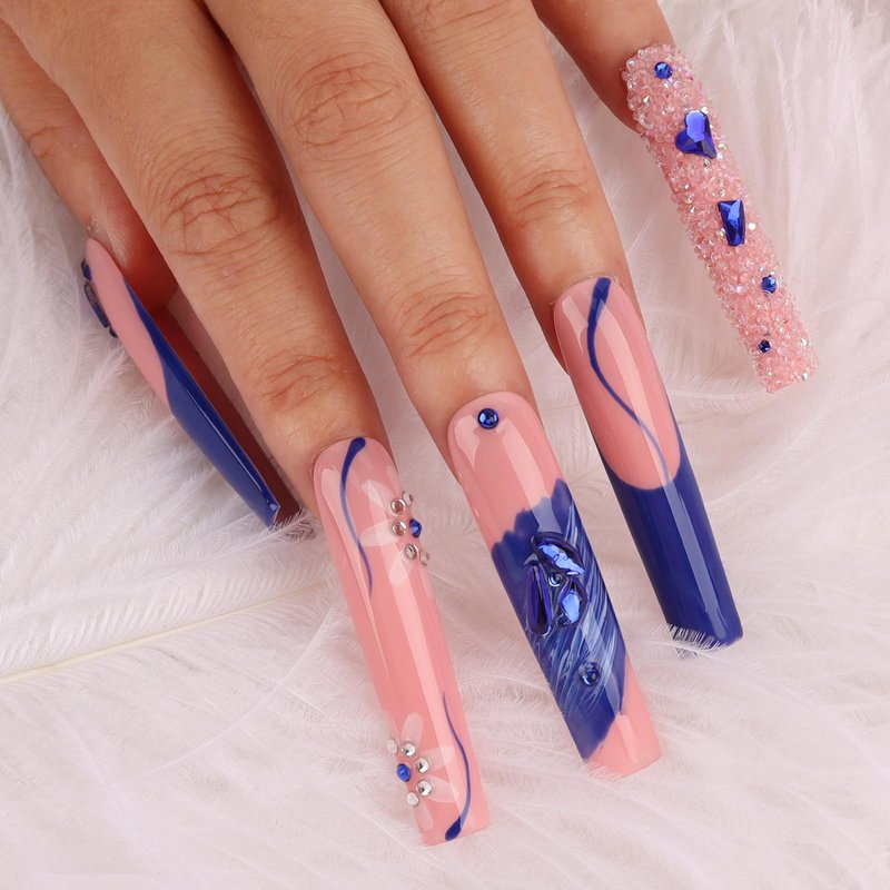 Handmade Long Acrylic Nail Tips, Pink Press on Nails with Full Covered Crystals, Fake Luxury Diamond Nails, Long Square False Nails, Gifts for Women, Reusable Stick On Nails 10Pcs,Bluish pink Size M