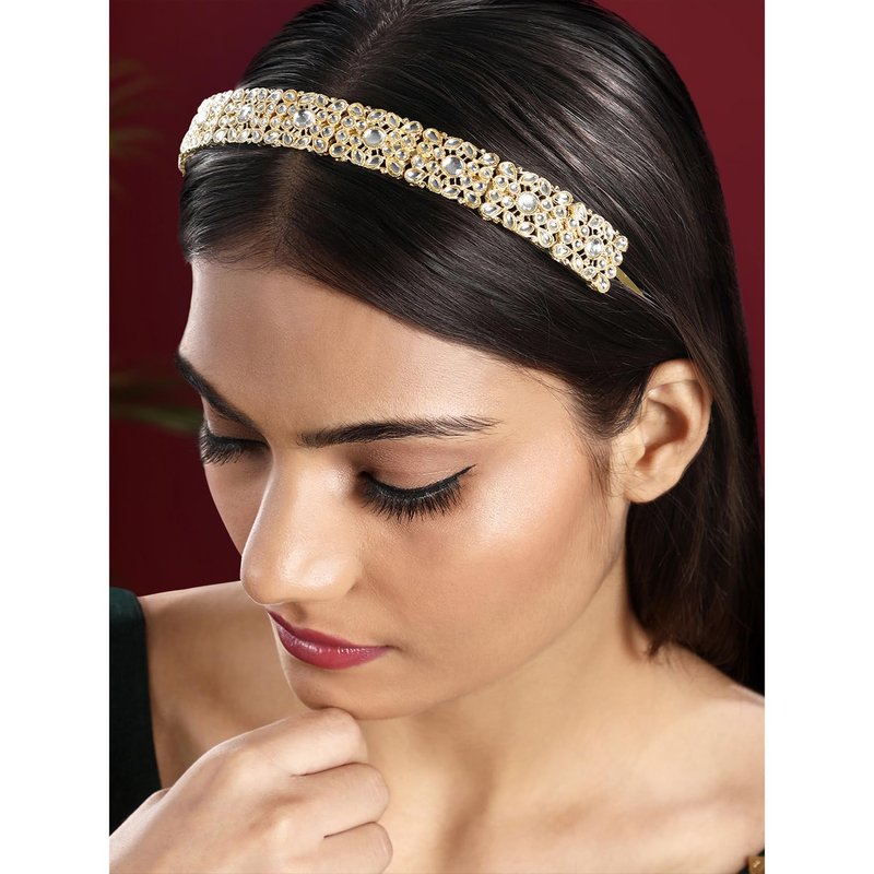 Aheli White Kundan Studded Fancy Hair Band Ethnic Fashion Jewellery for Women Design 4