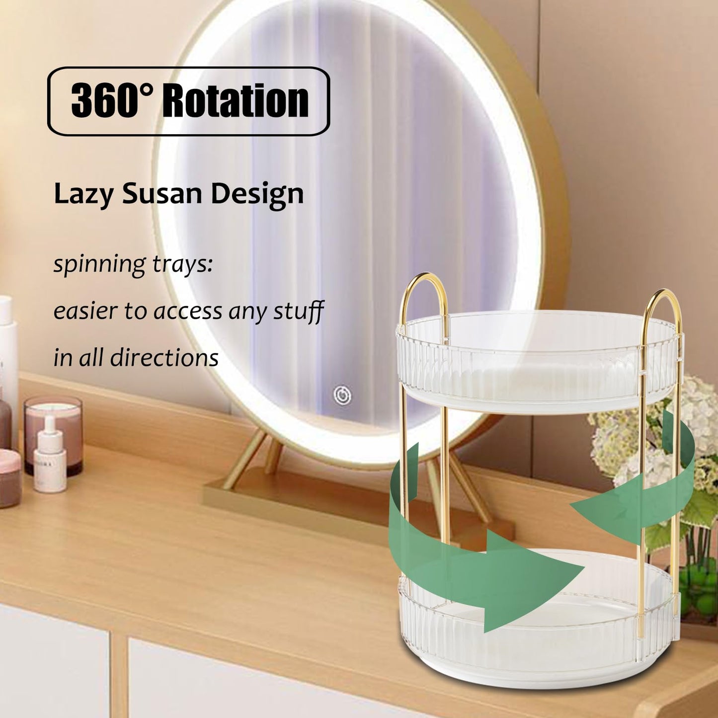 Zufudo Rotating Makeup Organizer Countertop 2 Tier Lazy Susan Trays Clear Skincare Perfume Storage for Bathroom Counter Vanity, Transparent