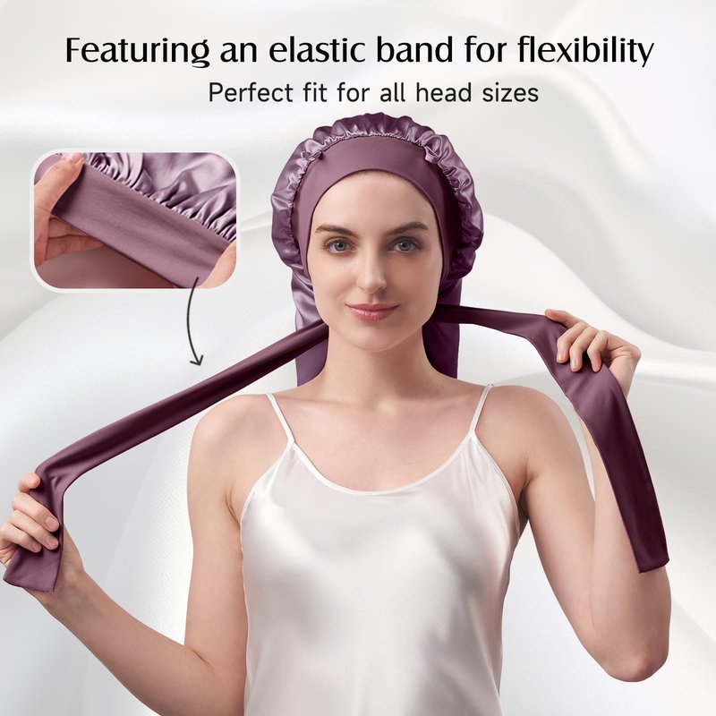 YFONG Double-Layered 100% Pure Mulberry Silk Bonnet for Long Hair, 22 Momme Sleep Bonnet for Sleeping with Elastic Tie Band, Real Silk Sleep Cap for Women Long Curly Hair, Purple