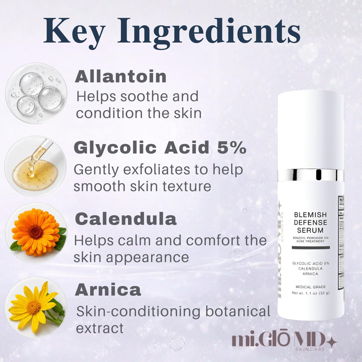 mi.Glo Blemish Defense Clarifying Facial Serum 1.1 oz with Glycolic Acid 5%, Allantoin | Lightweight Daily Face Serum for Oily & Blemish-Prone Skin | Oil Balancing Skincare