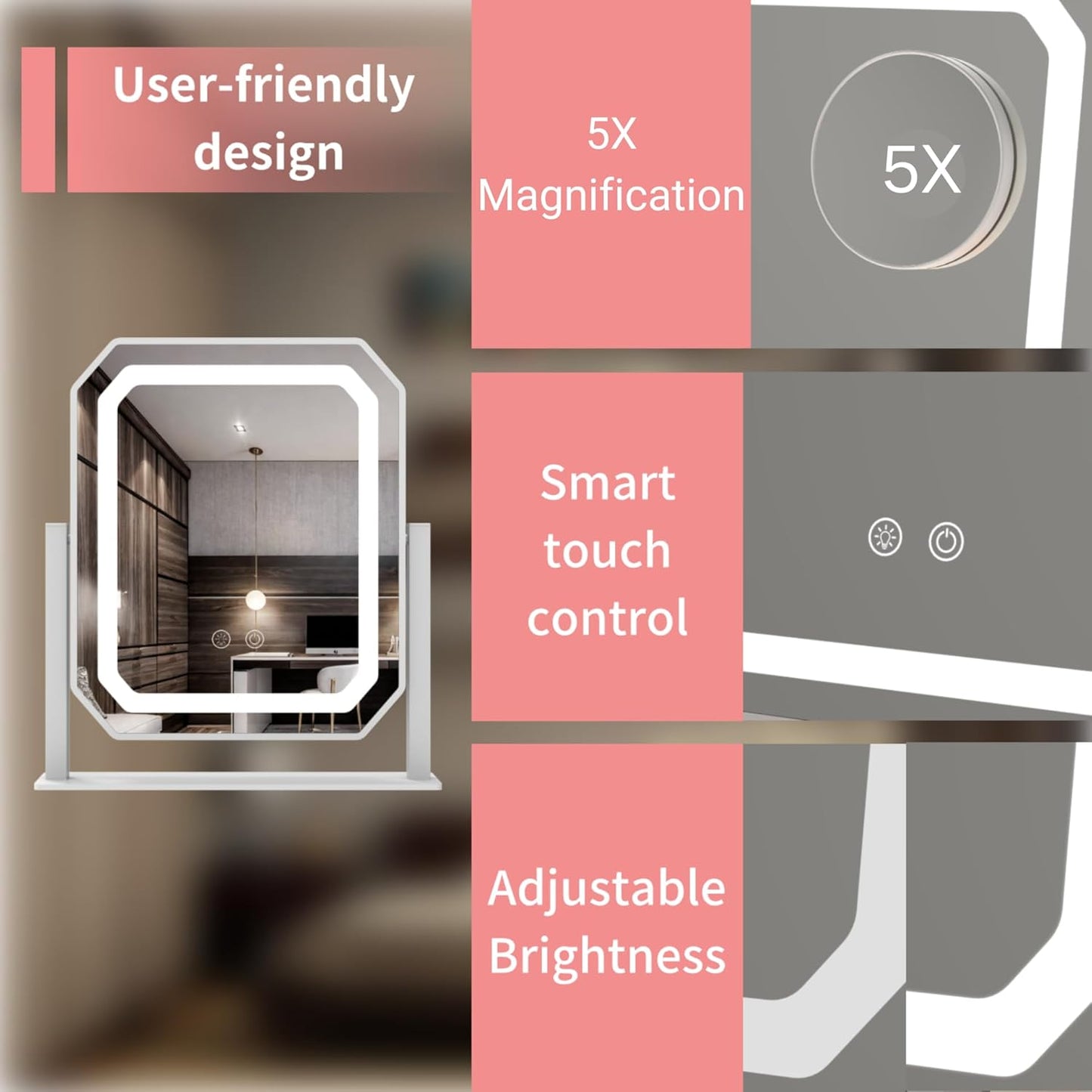 Hollywood Vanity Makeup Mirror - Lighted with 3 Color Modes, 5X Magnification & Smart Touch Control | 12-Inch White