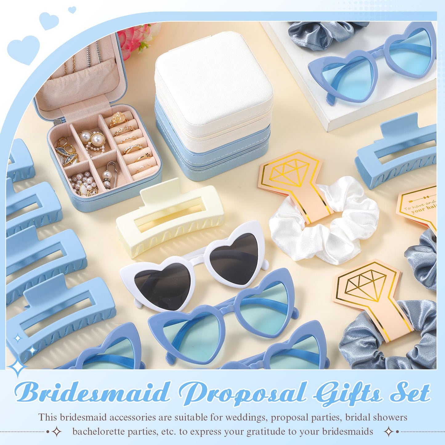 Hotop 24 Pcs Bridesmaid Proposal Gifts Set, 6 Mini Jewelry Box, 6 Satin Bridesmaid Scrunchies, 6 Bachelorette Sunglasses, 6 Square Hair Clips for Bridal Shower Wedding Party Favors (White, Blue)