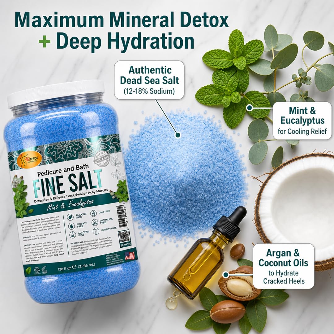 SPA REDI - Detox Foot Soak Pedicure and Bath Fine Salt, Mint and Eucalyptus, 128 Oz - Made with Dead Sea Salts, Argan Oil, Coconut Oil, and Essential Oil - Hydrates, Softens & Moisturizes Pkg May Vary