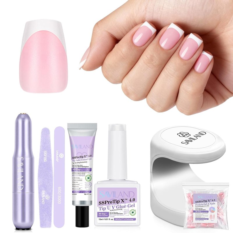 SAVILAND Gel Nail Kit - 16 Sizes French Tips Press-On Nails with Drill & UV Lamp | Coffin Shape Soft Gel