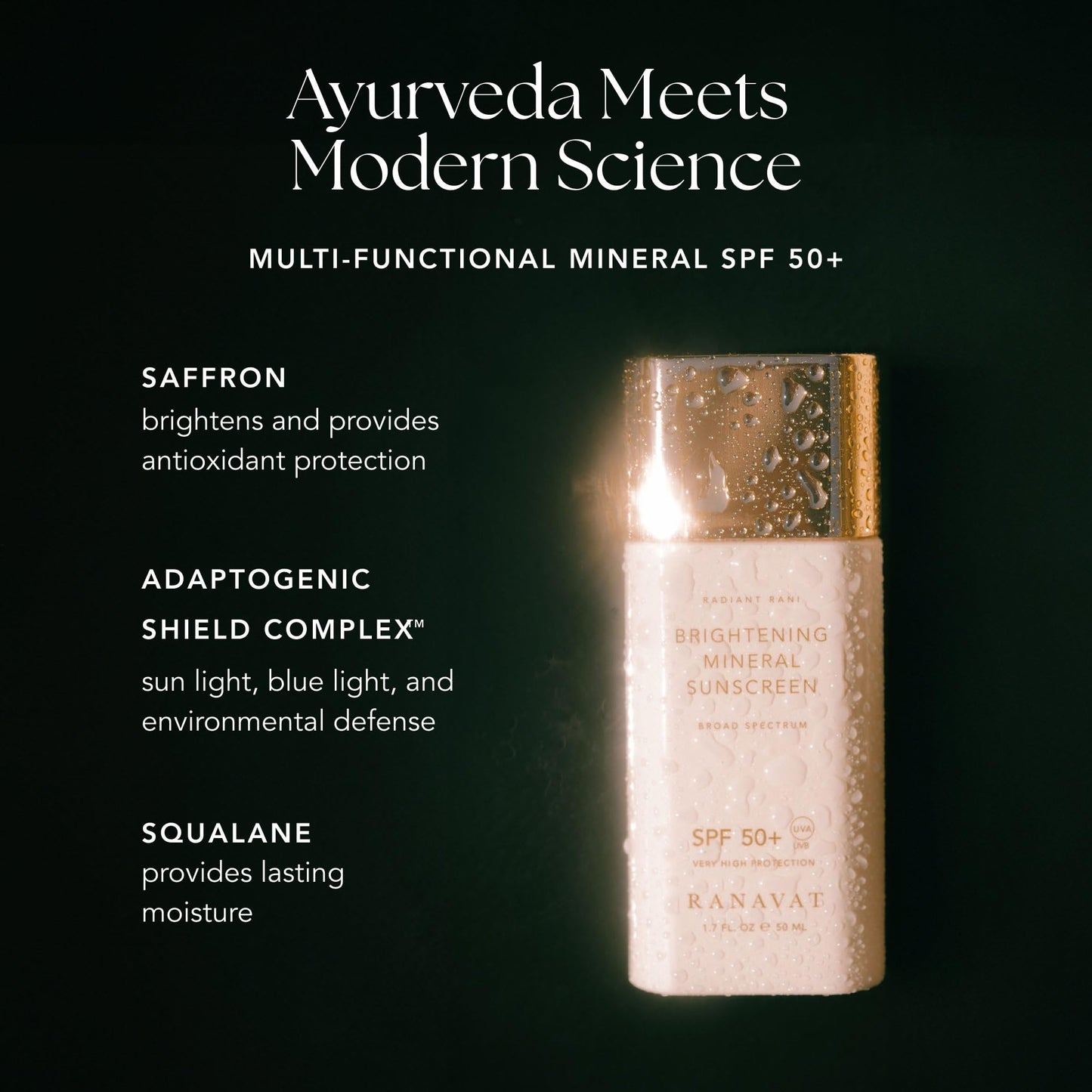 RANAVAT Brightening Mineral Face Sunscreen - Broad-Spectrum SPF 50 Mineral Sunscreen with Zero White Cast - Boosts Radiance & Helps Protect Against Signs of Aging - Safe for Sensitive Skin (50 ml)