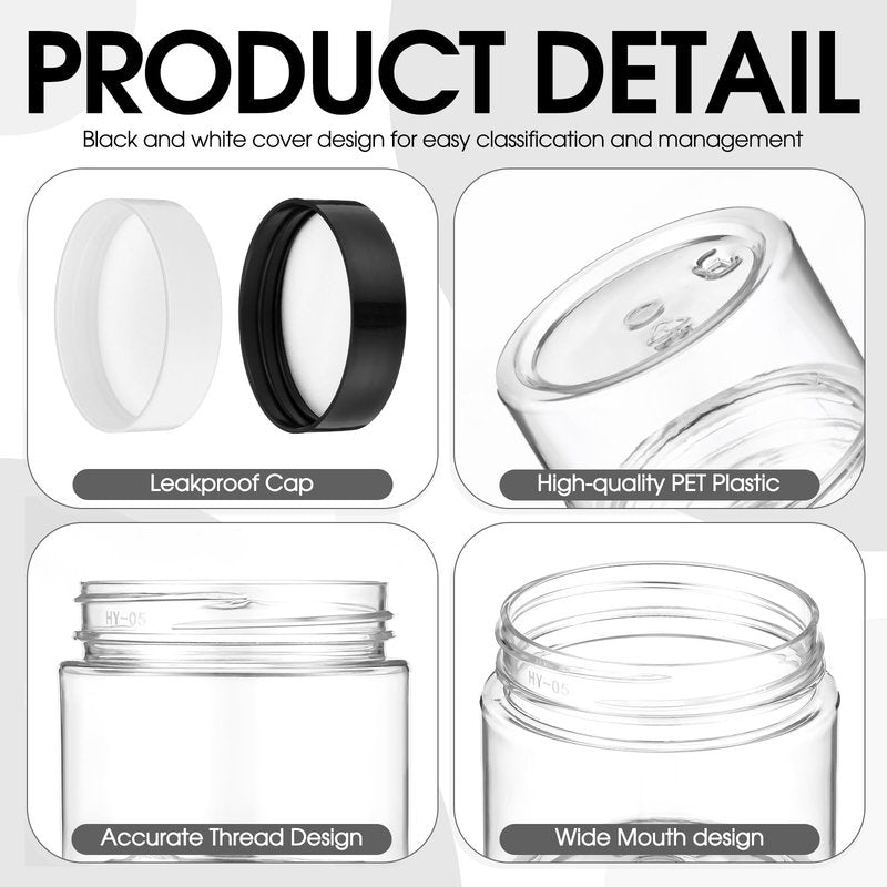 Meanplan 100 Pcs 2 oz Plastic Container Jars Clear Round Cosmetic Container with Lids, Plastic Jars with Screw Lids for Travel Storage, Kitchen Use, DIY Crafts(Black, White, PP)