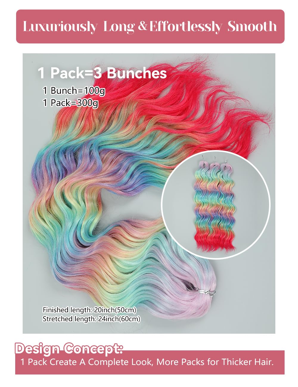 Curly Braiding Hair - 300g Rainbow Peafowl Ocean Wave Synthetic | Loose Deep Wavy Twist for Boho Braids