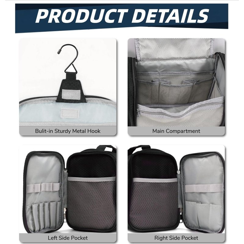 Buruis Hanging Toiletry Bag for Women and Men, Large Water-Resistant Makeup Organizer with Sturdy Hook, Lightweight Nylon Dopp Kit for Full-Sized Toiletries & Cosmetics, Black