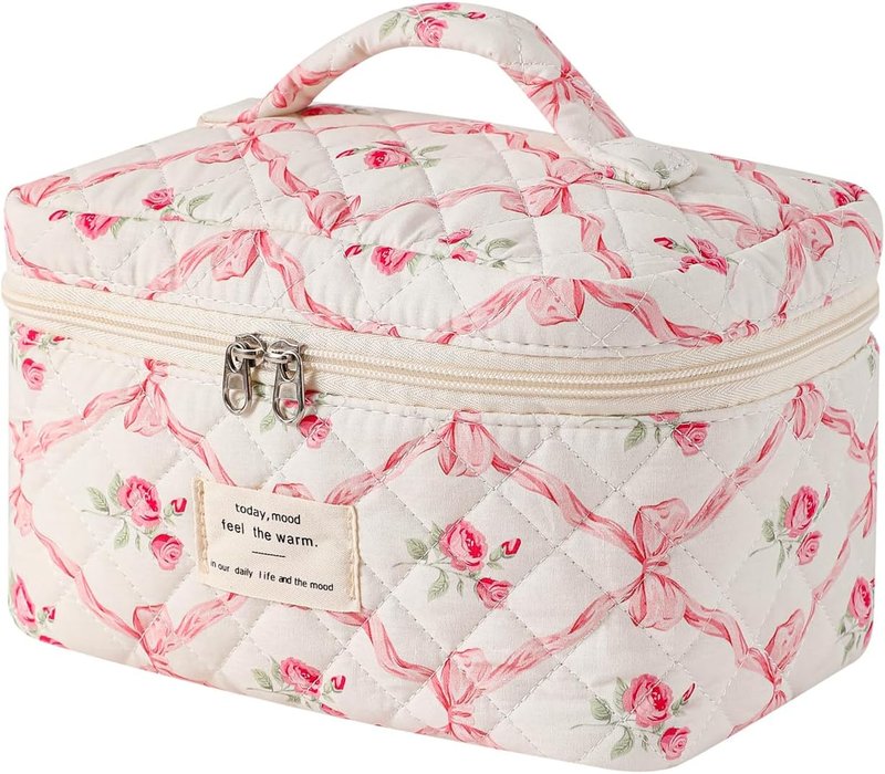 Large Quilted Makeup Bag - Cotton Floral Toiletry Bag for Women | Cute Kawaii Travel Cosmetic Organizer (Pink Bows)