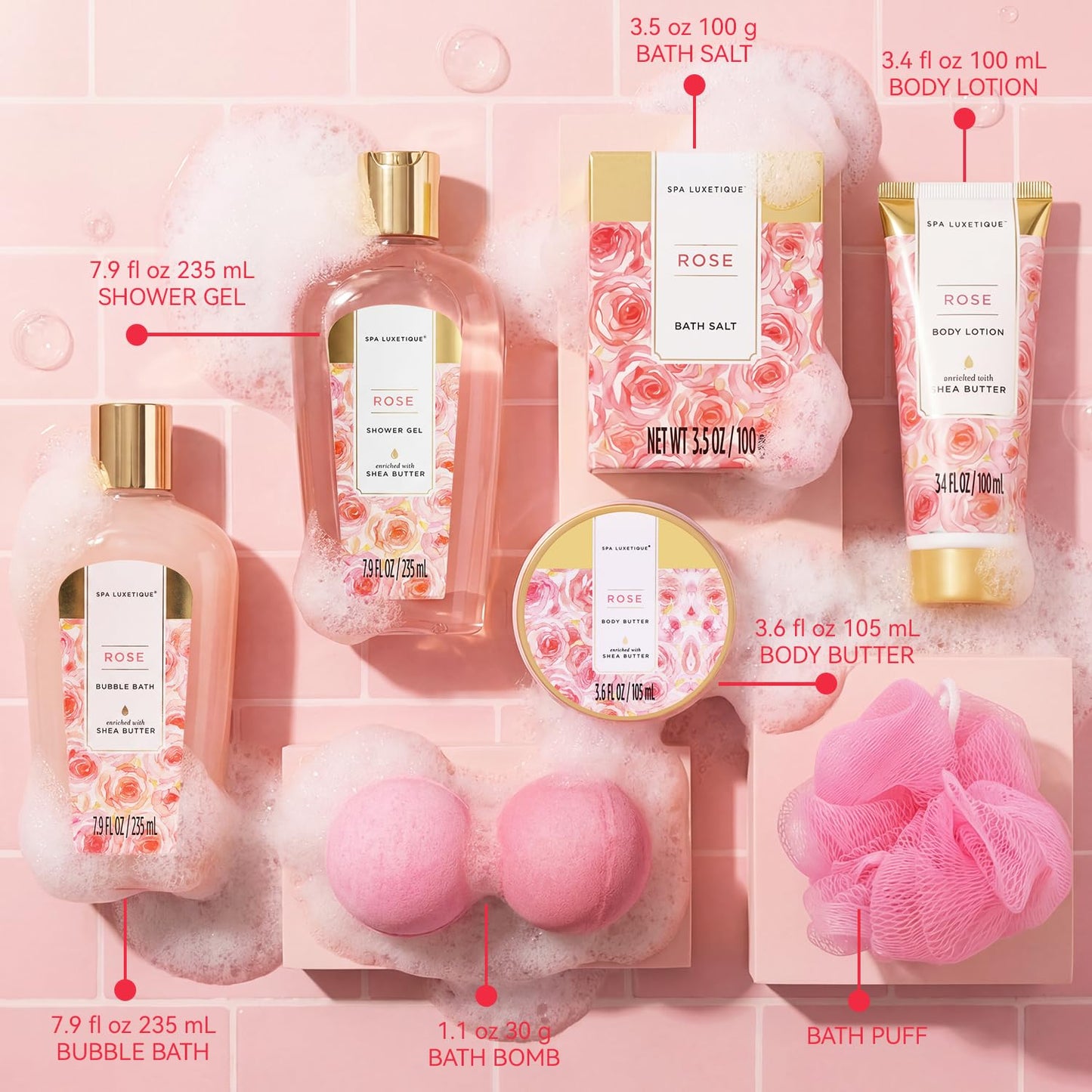 Spa Luxetique Gift Set For Women, Bath Sets - 8 Pcs Rose Spa Basket Includes Bubble Bath, Shower Gel, Body Lotion, Birthday Spa Gifts for Mom, Christmas Presents for Women