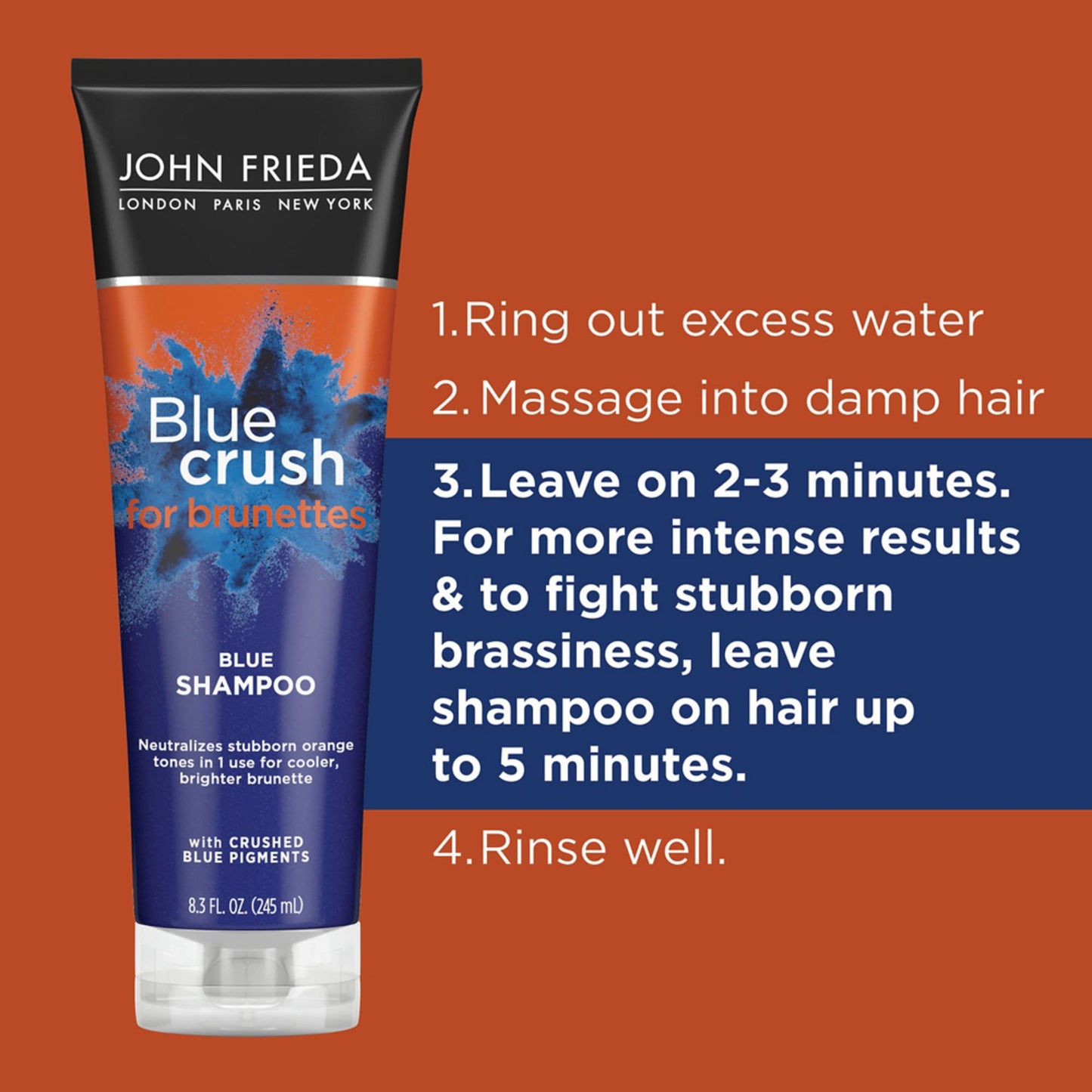 John Frieda Blue Crush Blue Shampoo for Brunettes, Crush Brassy Hair Tones for Brunettes, 8.3 oz (2 Pack)