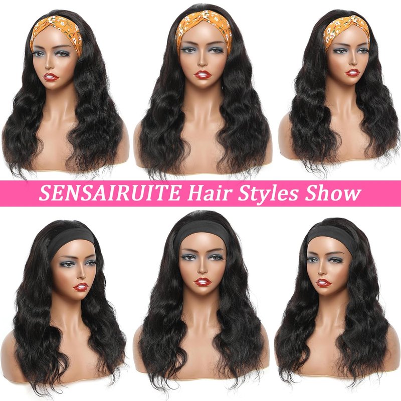 SENSAIRUITE Headband Wig Human Hair Body Wave 18 Inch None lace Front Wear and Go Glueless Headband Wig for Black Women Natural Black Color 180% Density