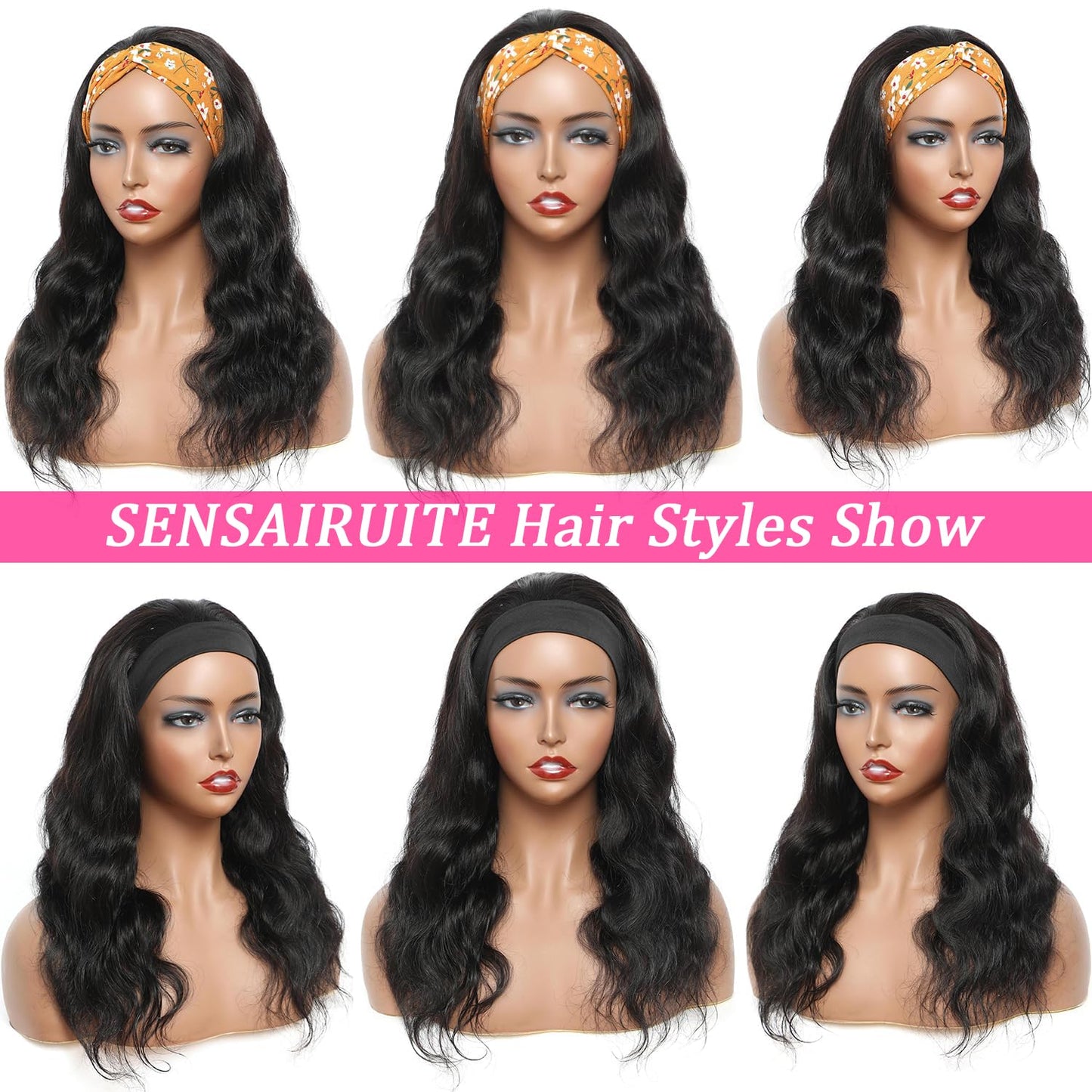 SENSAIRUITE Headband Wig Human Hair Body Wave 18 Inch None lace Front Wear and Go Glueless Headband Wig for Black Women Natural Black Color 180% Density