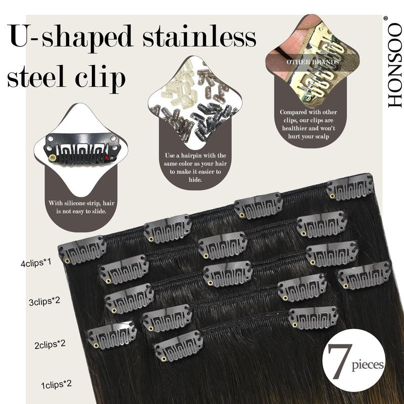 Clip In Hair Extensions - Real Human Hair Dark Brown to Chestnut Brown | 70g 7pcs 12-Inch Remy No Tangles