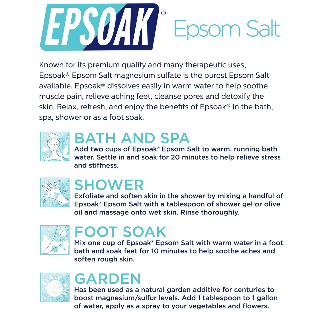 Epsoak Epsom Salt 10 lb. Magnesium Sulfate USP. Resealable Epsom Salt Bag Unscented, Made in The USA, Cruelty-Free Certified