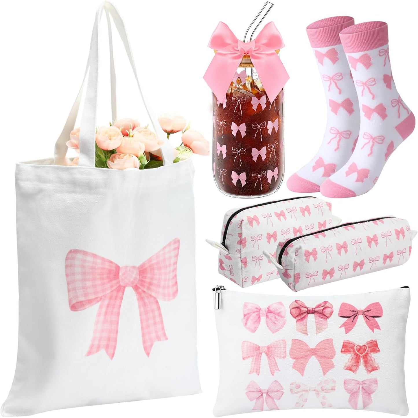Coquette Makeup Bag Set for Women - Aesthetic Canvas Tote & Glass Cups with Lids | Pink Gift Set