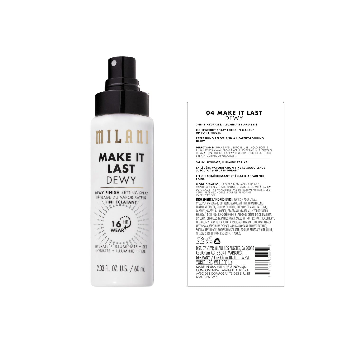 Milani Setting Spray + Primer, Make It Last Dewy - Dewy Finish Moisturizing Formula for Glow on the Go, Setting Spray for Makeup and Face Primer, Prime + Set + Hydrate, 2.03 Fl. Oz