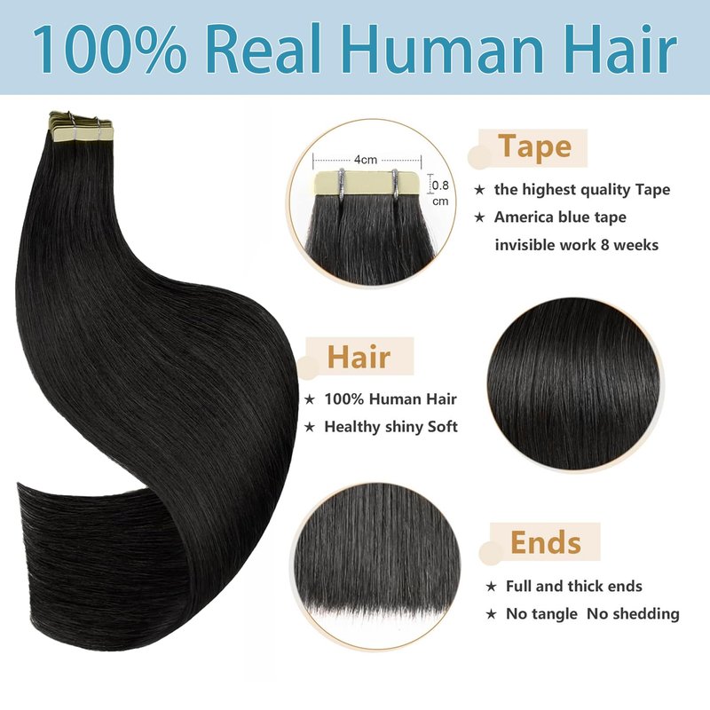 Tape in Hair Extensions Human Hair 14Inch Natural Black Color 20Pcs 50G/Pack Straight Seamless Weft Skin Invisible Thick 100% Real Black Human Hair Tape In Extensions