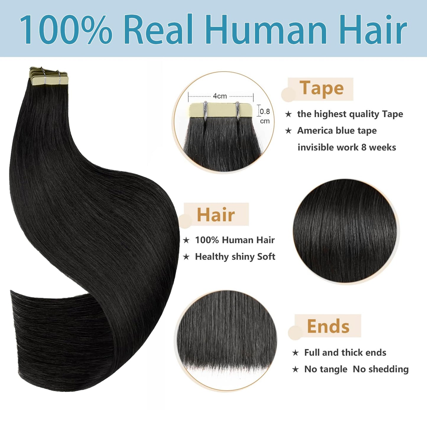 Tape in Hair Extensions Human Hair 14Inch Natural Black Color 20Pcs 50G/Pack Straight Seamless Weft Skin Invisible Thick 100% Real Black Human Hair Tape In Extensions