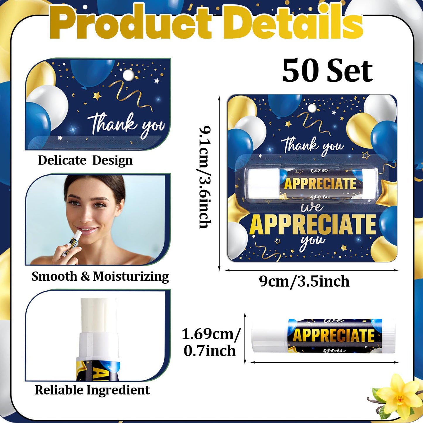 50 Pack Thank You Lip Balm Gifts Bulk, Blue Gold Graduation Lip Balm Gift, Appreciation Party Favor for Teacher Classmate Coworker Employee We Appreciate You Retirement Party Supplies