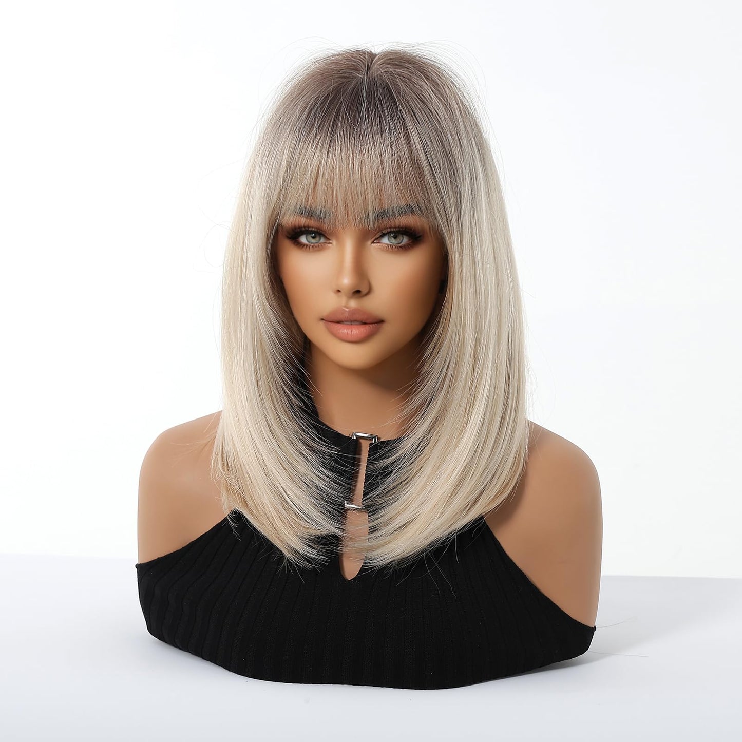 Osicapea Ombre Blonde Short Wigs with Bangs for Women, Woman Natural Short Straight Heat Resistant Synthetic Wig, 14 Inch Long Hair Replacement Wigs for Women's Cosplay Costume Party Daily Use
