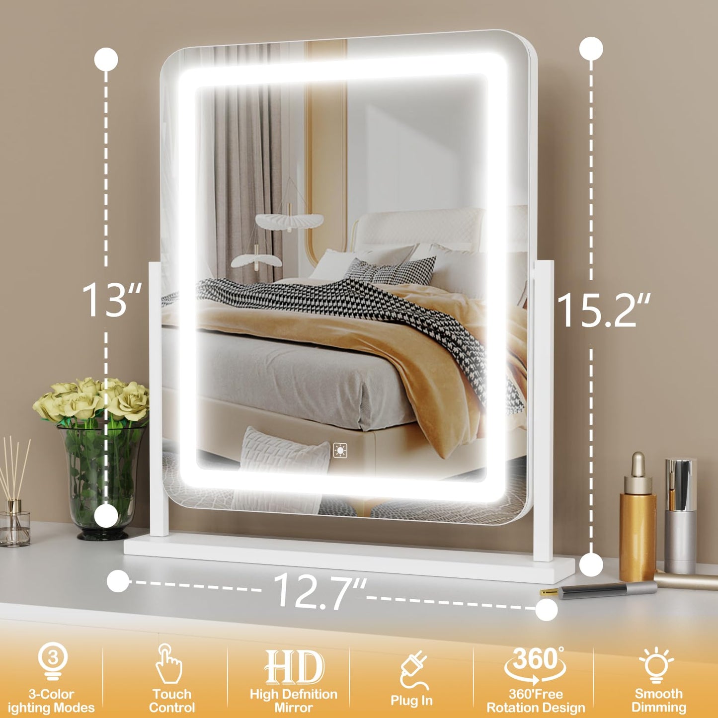 Gvnkvn Lighted Makeup Mirror, Hollywood Vanity Mirror with Lights, Three Color Lighting Modes, and Detachable 10X Magnification Mirror, Smart Touch Control, 360°Rotation (15.2in. Gold)