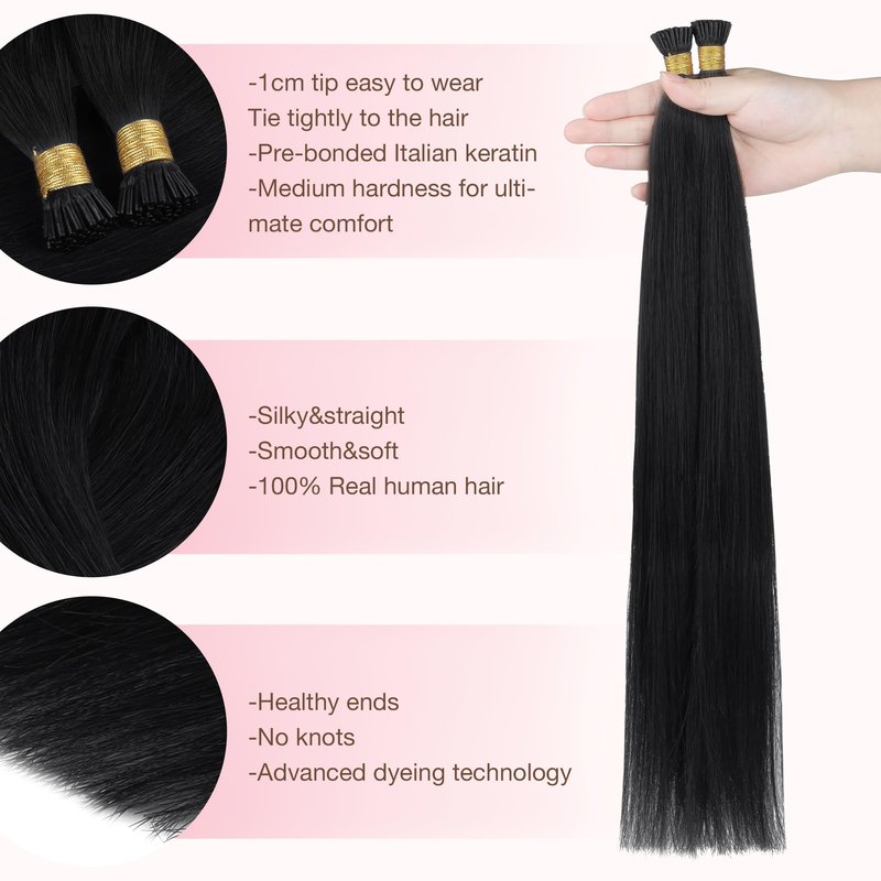 GOO GOO I Tip Hair Extensions Real Human Hair, 14inch 50g 100S, Cold Fusion I Tip Hair Extensions, Invisible Remy Hair Extension, 1 Jet black