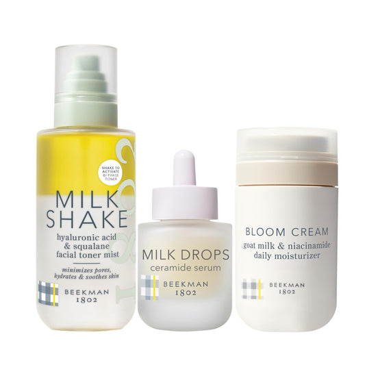 Beekman 1802 Sensitive Skin MVPs – Milk Shake Hydrating Facial Toner + Milk Drops Ceramide Serum + Bloom Cream Face Moisturizer – Fragrance Free, Sensitive Skin Safe, Made with Goat Milk