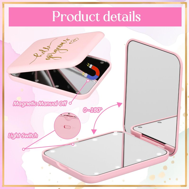 Grinsvalley 6 Pcs Hello Gorgeous Compact Mirror Pink 1x/2x Magnification Makeup Mirror Pocket with LED Light for Purse, Travel, Gorgeous Gift for Woman Mother Nurse Bridesmaid Sleepover Spa Party