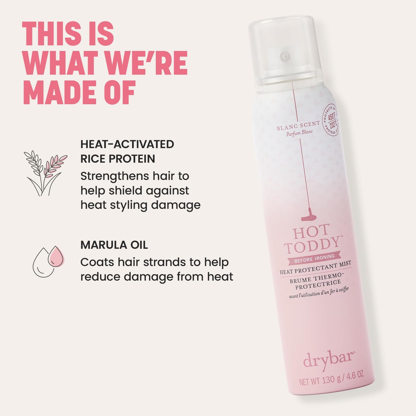 Drybar Hot Toddy Heat Protectant Mist for Hair, Lightweight Formula, Protects from Heated Styling, Straightening and Curling Irons, Blanc Scent, Full Size, 4.6 Oz.