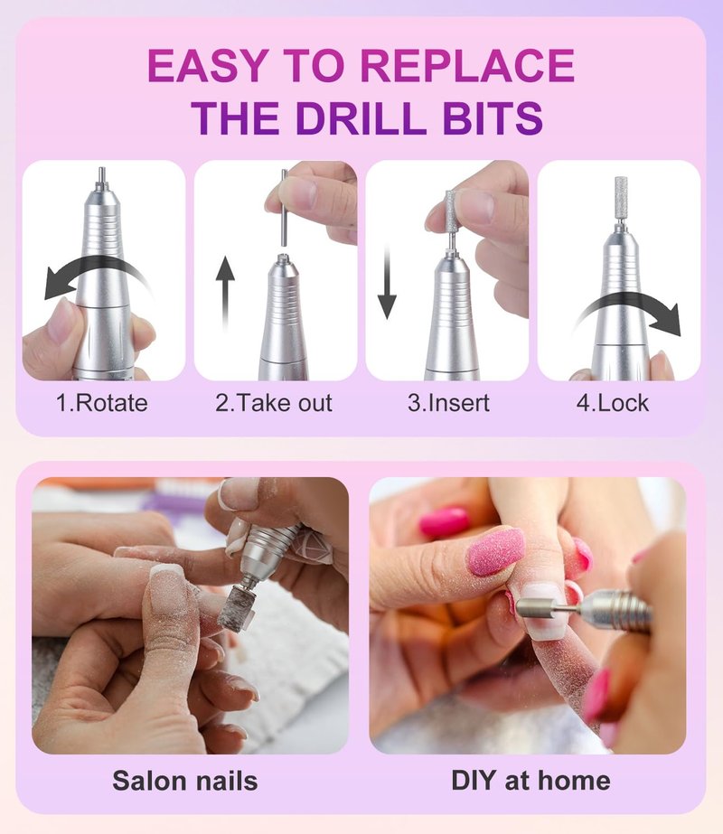 RYUNVOVO Electric Nail Drill Professional, 45000 RPM Rechargeable Nail Drill Kit, Electric Nail File for Acrylic, Manicure & Pedicure & Polishing Tools for Home Salon, Pink