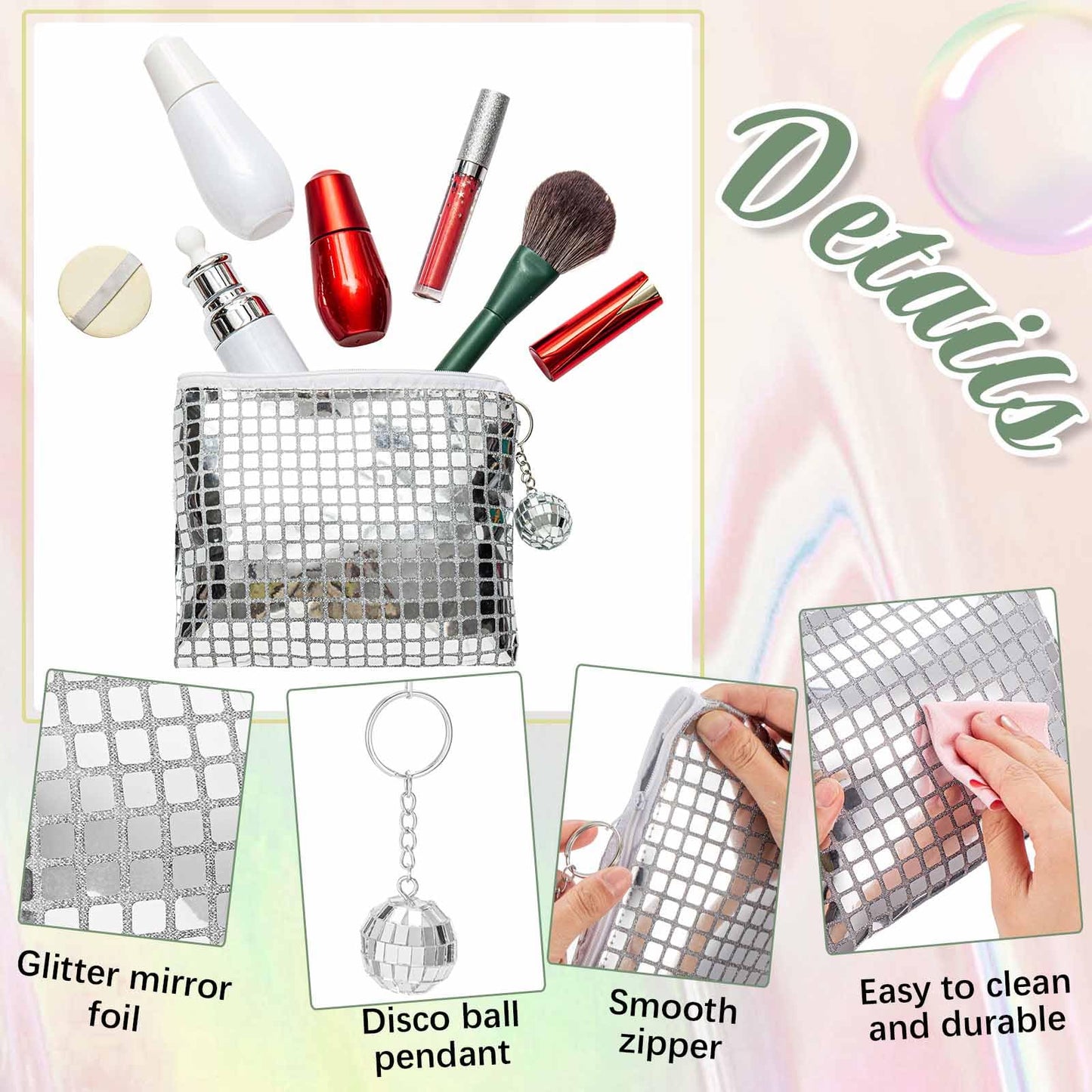 Locmeo 12 Pack Disco Party Favor Bags Bachelorette Sparkly Makeup Sequin Bag Portable Glitter Cosmetic Purse with Disco Keychain for Bachelorette Wedding Birthday 70s Retro Party Decorations (Silver)