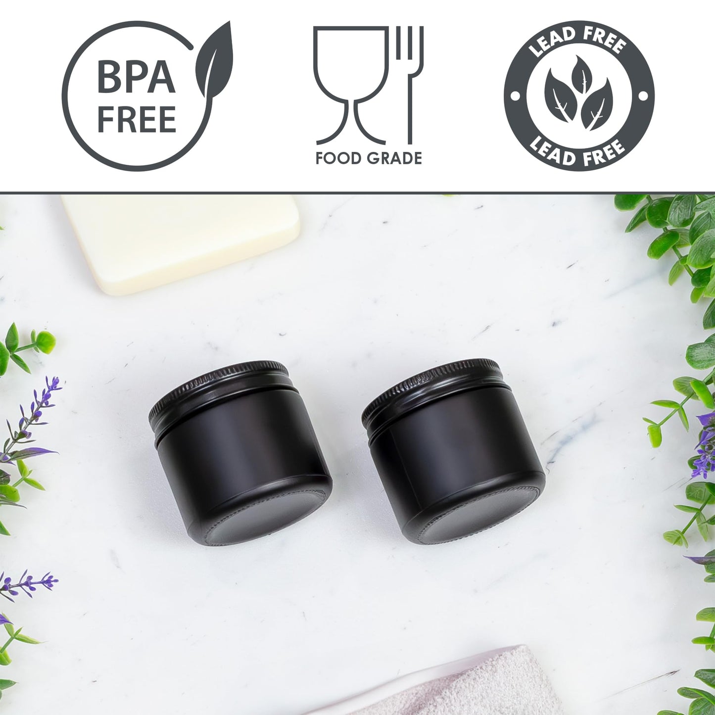 Cornucopia Brands 2-Ounce Black Coated Glass Jars (Pack of 12) Cosmetic Jars with Black Metal Lids and Black Matte Exterior