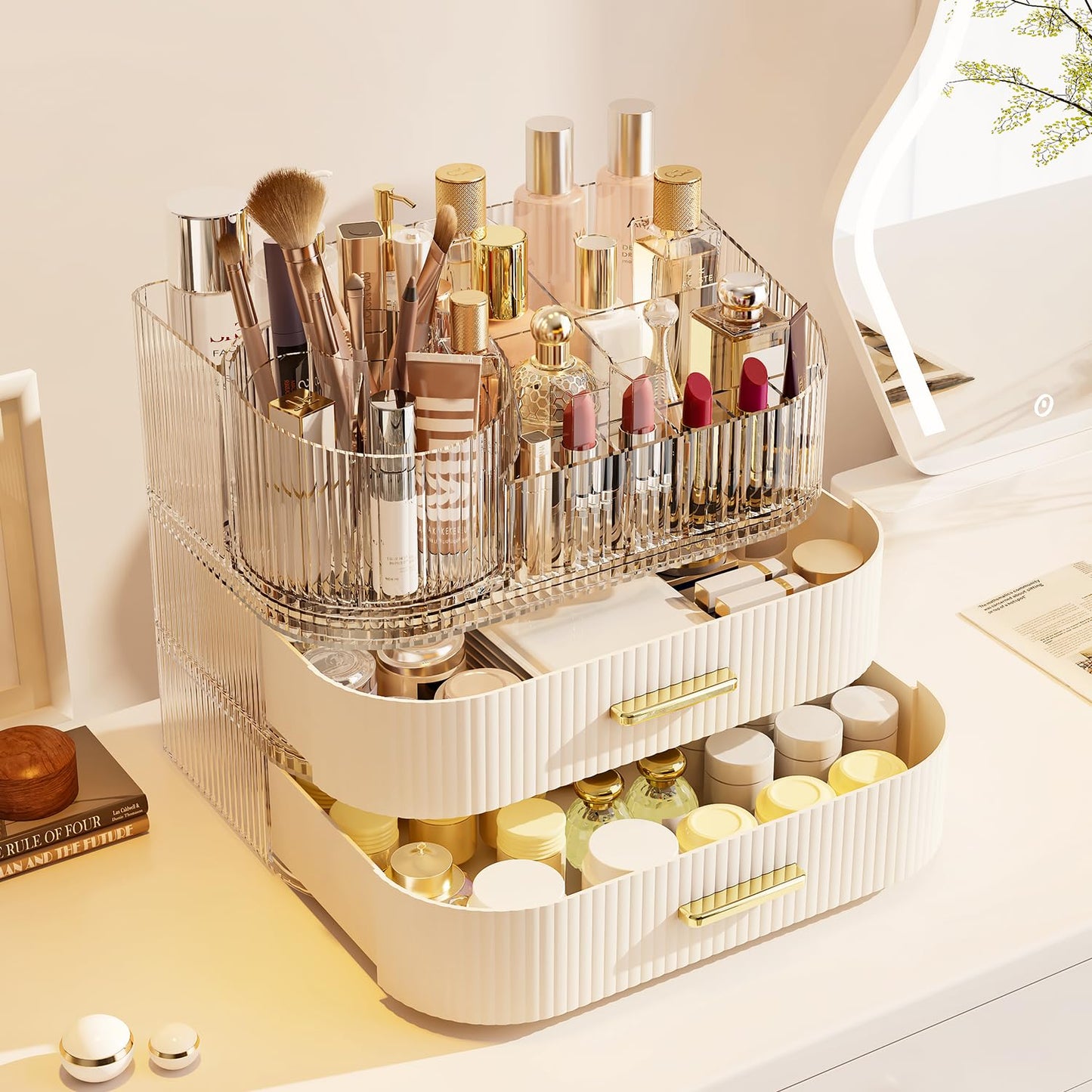 Makeup Organizer with Stackable Drawer, 360 Rotating Makeup Brush Holder, 11-inch Wide Large Cosmetic Display Case, Skincare Organizers and Storage for Vanity, Bathroom Countertop (1 Tray + 2 Drawer)