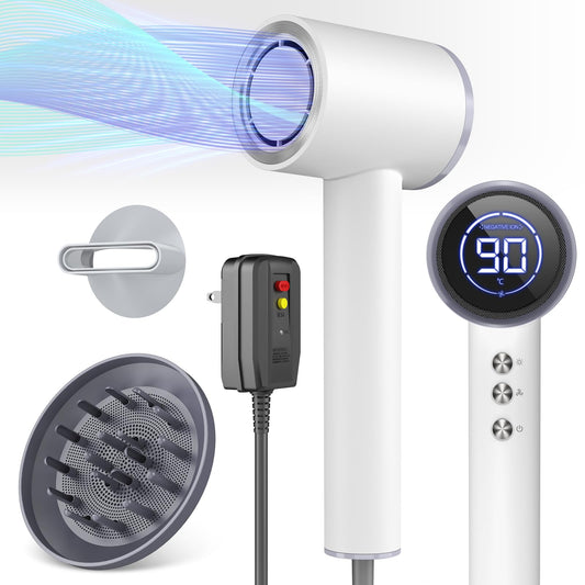 110,000RPM High-Speed Blow Dryer for Fast Dry, Ionic Hair Dryer Blow Dryer with Diffuser, Magnetic Nozzle & LED Display, Portable Travel Hair Dryers for Salon Home-Snow White