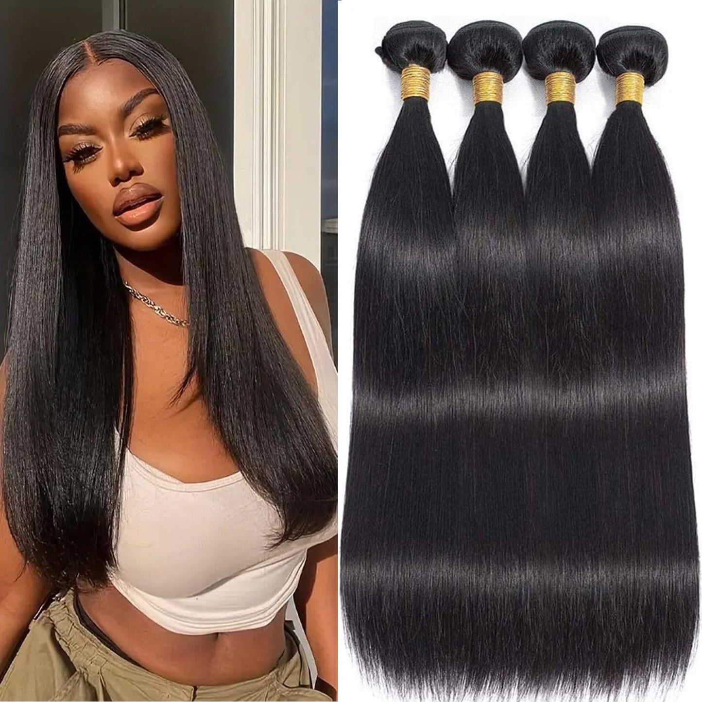 Straight Bundles Human Hair Bundles 14 14 16 16 Inch Human Hair Bundles 10A Grade 100% Unprocessed Virgin Straight Brazilian Hair Bundles 4 Bundles Human Hair Extensions for Black Women Natural Color